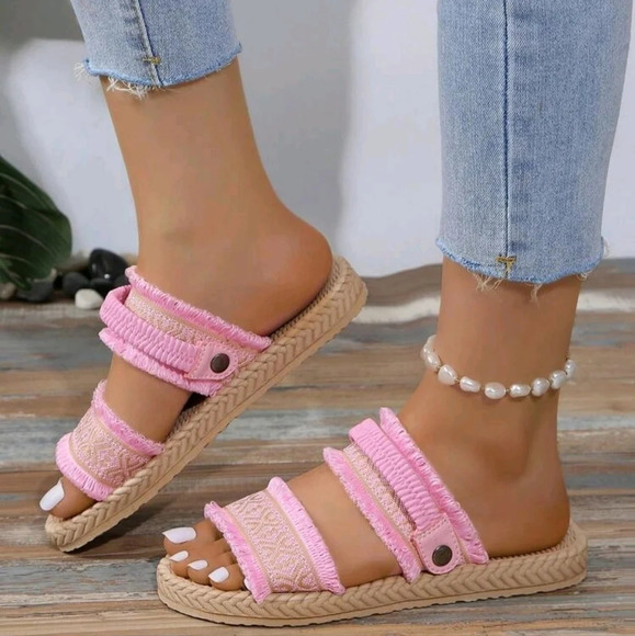 Shoes - Women Pink Bohemian Style Elastic Double Wear Round Toe Flat Sandals